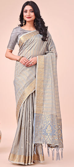 Black and Grey color Saree in Organza Silk fabric with Weaving work