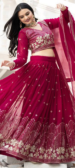 Pink and Majenta color Ready to Wear Lehenga in Faux Georgette fabric with Embroidered, Sequence, Thread work