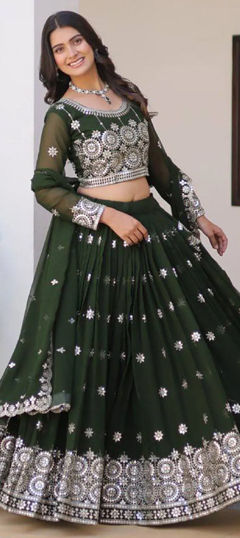 Green color Ready to Wear Lehenga in Faux Georgette fabric with Embroidered, Sequence, Thread work