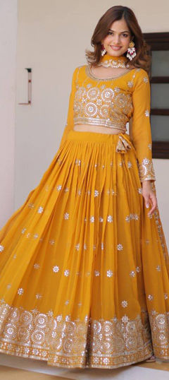 Yellow color Ready to Wear Lehenga in Faux Georgette fabric with Embroidered, Sequence, Thread work