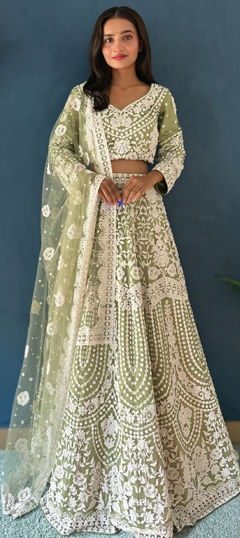 Green color Lehenga in Net fabric with Moti work