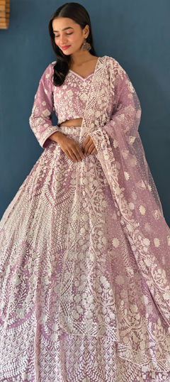 Purple and Violet color Lehenga in Net fabric with Moti work