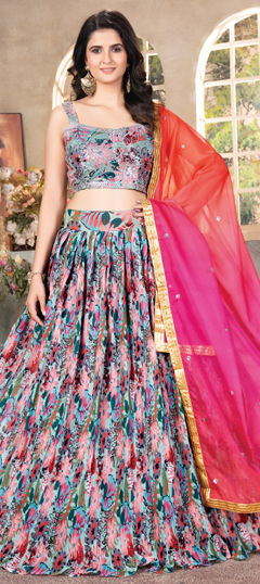 Multicolor color Lehenga in Organza Silk fabric with Digital Print, Embroidered, Sequence work