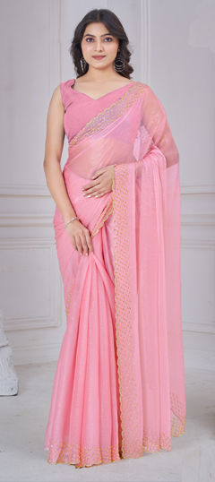 Pink and Majenta color Saree in Chiffon fabric with Cut Dana, Stone work