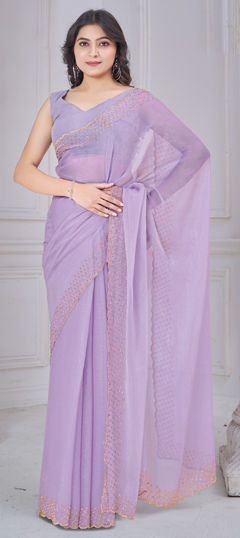 Purple and Violet color Saree in Chiffon fabric with Cut Dana, Stone work