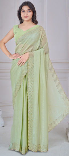 Green color Saree in Chiffon fabric with Cut Dana, Stone work