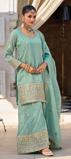 Blue color Salwar Kameez in Shimmer fabric with Embroidered, Thread work
