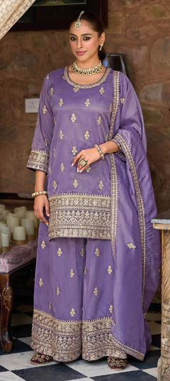 Purple and Violet color Salwar Kameez in Shimmer fabric with Embroidered, Thread work