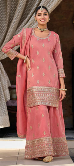 Pink and Majenta color Salwar Kameez in Shimmer fabric with Embroidered, Thread work