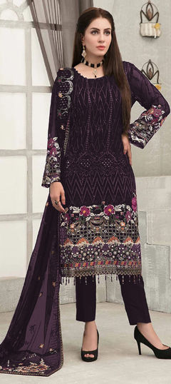 Purple and Violet color Salwar Kameez in Faux Georgette fabric with Embroidered, Resham, Sequence, Thread work