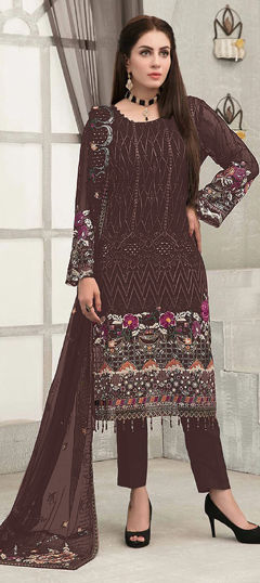 Beige and Brown color Salwar Kameez in Faux Georgette fabric with Embroidered, Resham, Sequence, Thread work