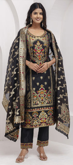 Black and Grey color Salwar Kameez in Jacquard fabric with Weaving work
