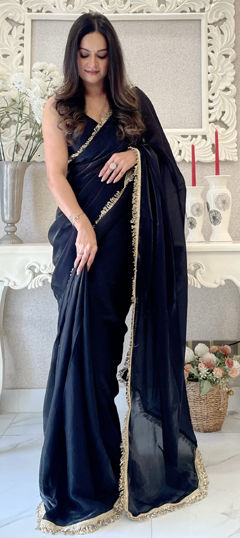 Black and Grey color Readymade Saree in Satin Silk fabric with Embroidered, Sequence, Thread work