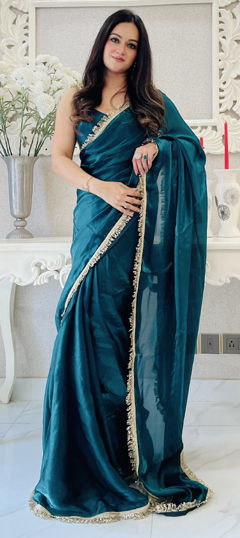 Blue color Readymade Saree in Satin Silk fabric with Embroidered, Sequence, Thread work