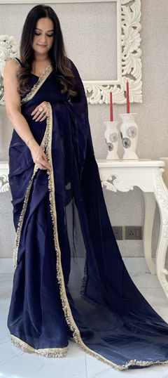 Blue color Readymade Saree in Satin Silk fabric with Embroidered, Sequence, Thread work