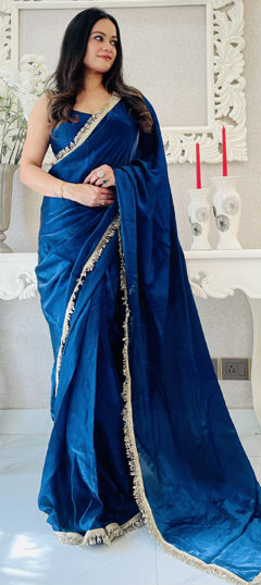 Green color Readymade Saree in Satin Silk fabric with Embroidered, Sequence, Thread work