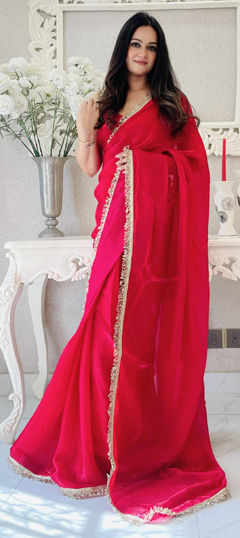 Red and Maroon color Readymade Saree in Satin Silk fabric with Embroidered, Sequence, Thread work