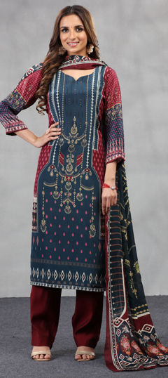 Blue, Red and Maroon color Salwar Kameez in Crepe Silk fabric with Printed work