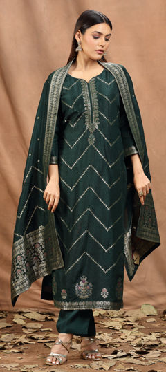 Green color Salwar Kameez in Silk fabric with Weaving work