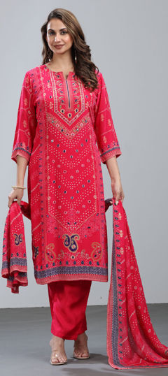 Red and Maroon color Salwar Kameez in Crepe Silk fabric with Bandhej, Printed work