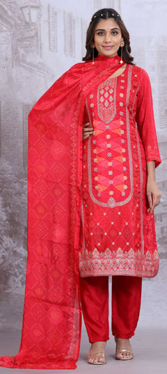 Red and Maroon color Salwar Kameez in Silk fabric with Bandhej, Printed, Weaving work