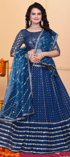 Blue color Lehenga in Georgette fabric with Sequence, Thread, Zari work