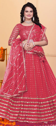 Red and Maroon color Lehenga in Georgette fabric with Sequence, Thread, Zari work