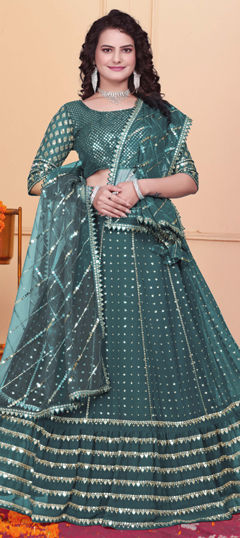 Green color Lehenga in Georgette fabric with Sequence, Thread, Zari work