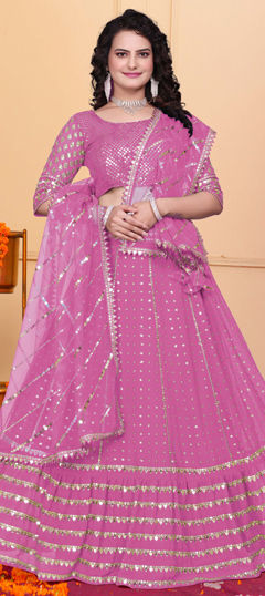 Pink and Majenta color Lehenga in Georgette fabric with Sequence, Thread, Zari work