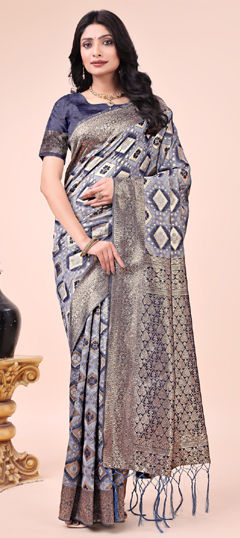 Black and Grey color Saree in Cotton fabric with Weaving work