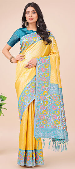Yellow color Saree in Art Silk fabric with Printed, Weaving work