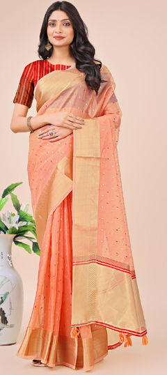 Pink and Majenta color Saree in Organza Silk fabric with Weaving work