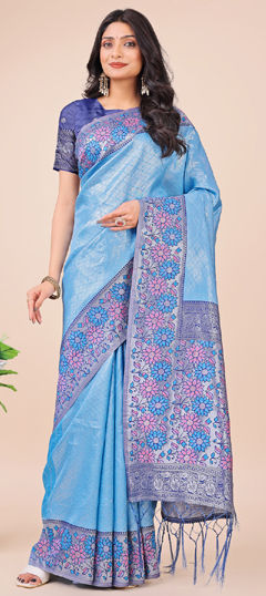 Blue color Saree in Art Silk fabric with Printed, Weaving work