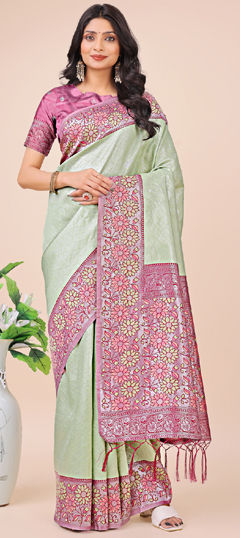 Green color Saree in Art Silk fabric with Printed, Weaving work