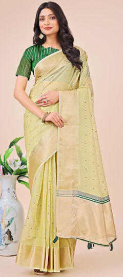 Green color Saree in Organza Silk fabric with Weaving work
