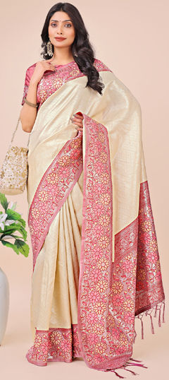 White and Off White color Saree in Art Silk fabric with Printed, Weaving work