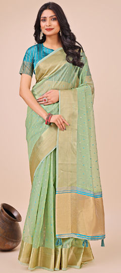 Green color Saree in Organza Silk fabric with Weaving work