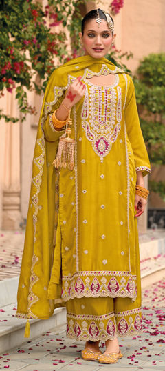 Yellow color Salwar Kameez in Chinon Silk fabric with Embroidered, Mirror, Sequence, Thread work
