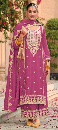 Pink and Majenta color Salwar Kameez in Chinon Silk fabric with Embroidered, Mirror, Sequence, Thread work