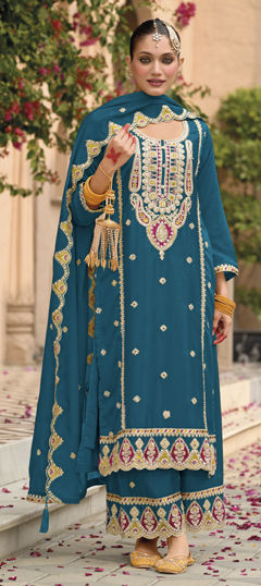 Blue color Salwar Kameez in Chinon Silk fabric with Embroidered, Mirror, Sequence, Thread work