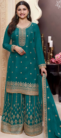 Blue color Salwar Kameez in Chinon Silk fabric with Embroidered, Lace, Thread, Zari work