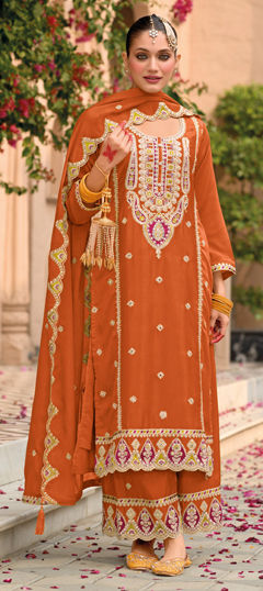 Orange color Salwar Kameez in Chinon Silk fabric with Embroidered, Mirror, Sequence, Thread work
