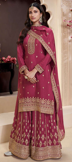 Red and Maroon color Salwar Kameez in Chinon Silk fabric with Embroidered, Lace, Thread, Zari work
