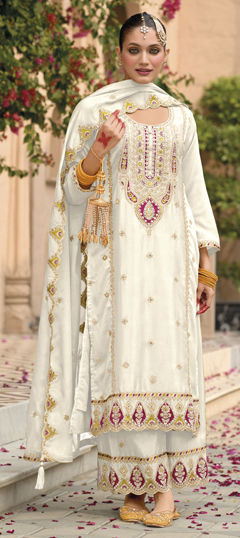 White and Off White color Salwar Kameez in Chinon Silk fabric with Embroidered, Mirror, Sequence, Thread work
