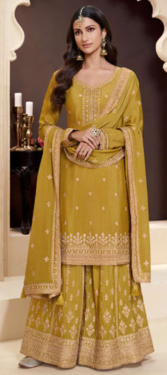 Gold color Salwar Kameez in Chinon Silk fabric with Embroidered, Lace, Thread, Zari work