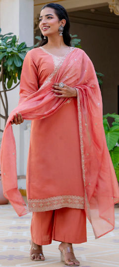 Pink and Majenta color Salwar Kameez in Blended fabric with Embroidered, Sequence, Thread work
