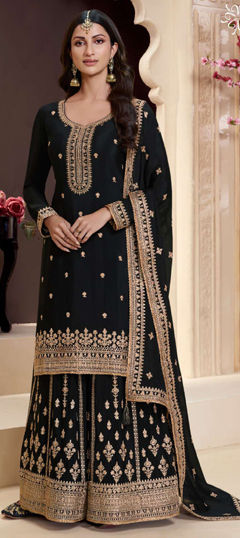 Black and Grey color Salwar Kameez in Chinon Silk fabric with Embroidered, Lace, Thread, Zari work