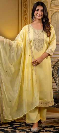 Yellow color Salwar Kameez in Blended fabric with Embroidered, Sequence, Thread work