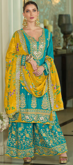 Blue color Salwar Kameez in Chinon Silk fabric with Embroidered, Thread work