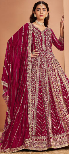 Pink and Majenta color Salwar Kameez in Faux Georgette fabric with Embroidered, Sequence, Thread work